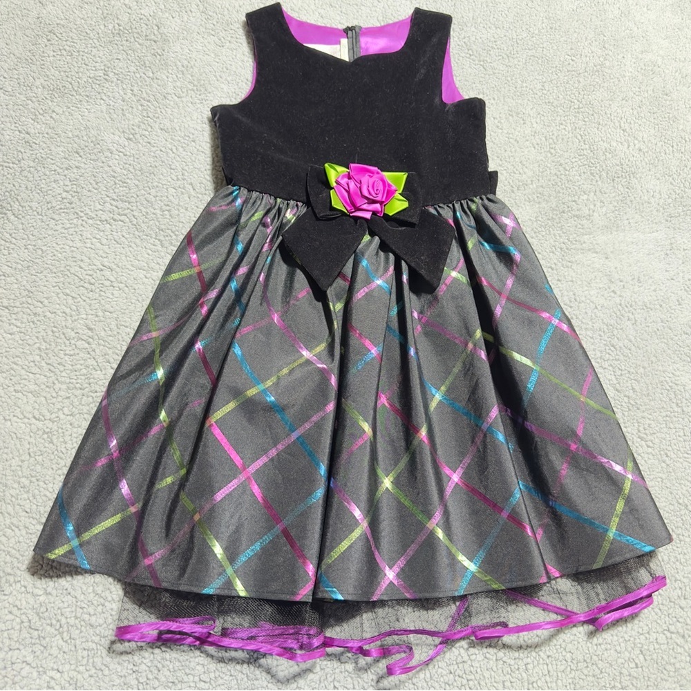 👉 Bonnie Jean Holiday Girls Black Velvet & Colorful Plaid Party Dress – Size 14